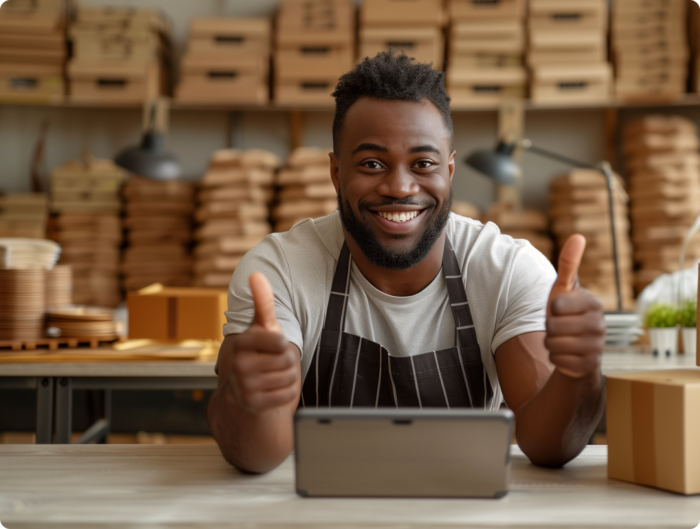 A shop owner giving a thumbs-up at the counter with a Qbicles Retail tablet