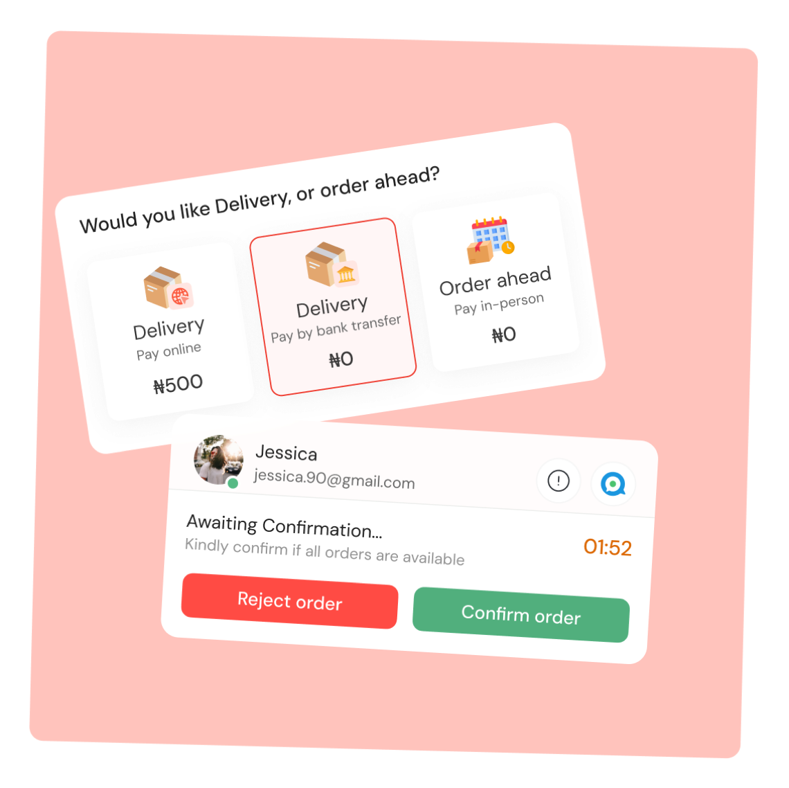A Buddy delivery-or-order-ahead choice and an order awaiting confirmation