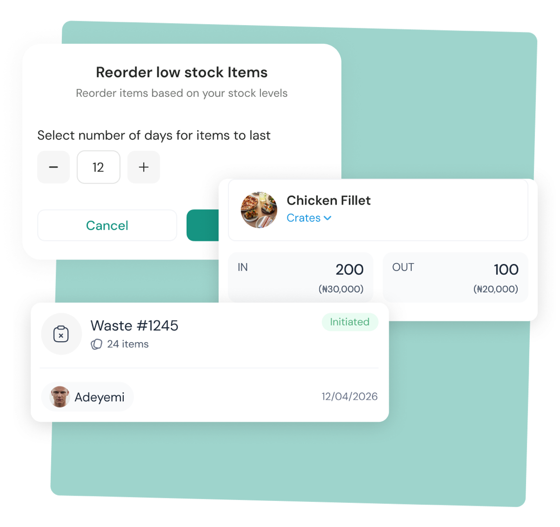 A reorder low-stock modal, a stock in/out card, and a waste record in Stocknerd