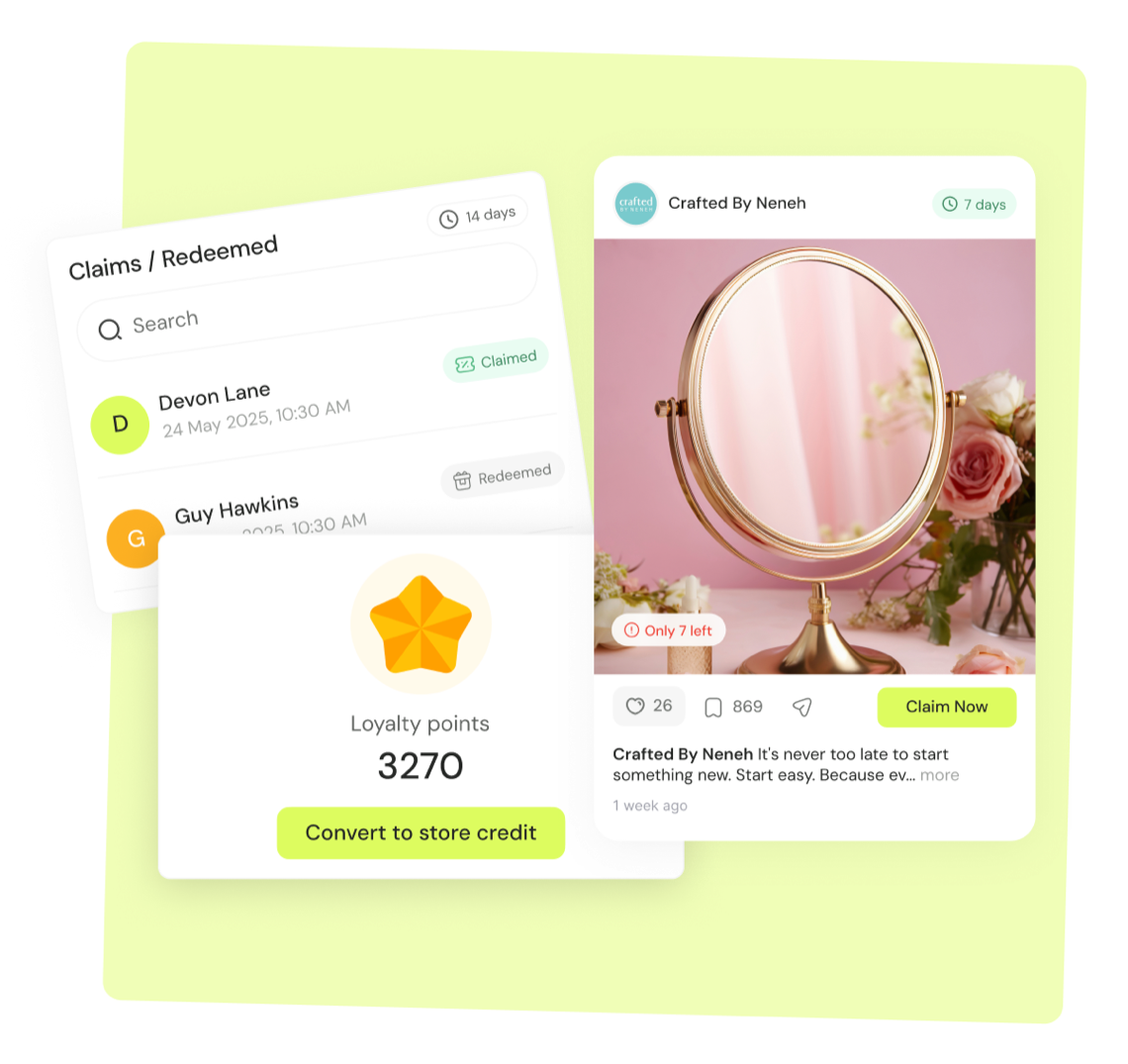 A Moniback claims and redeemed list, a loyalty points balance, and a promotion card