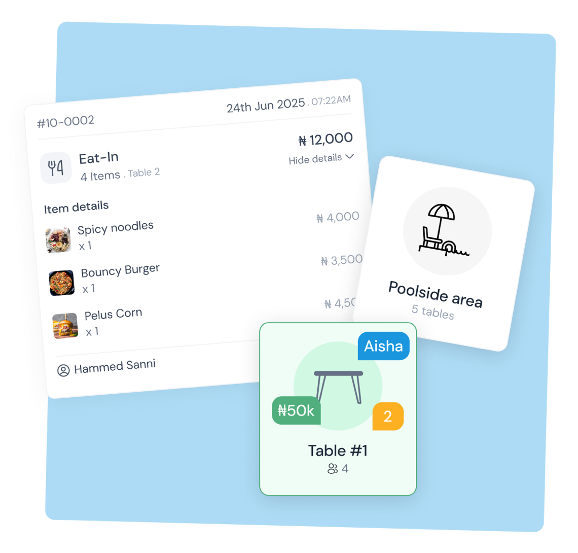 A Qbicles Retail eat-in order with item details, a poolside area, and a table assignment