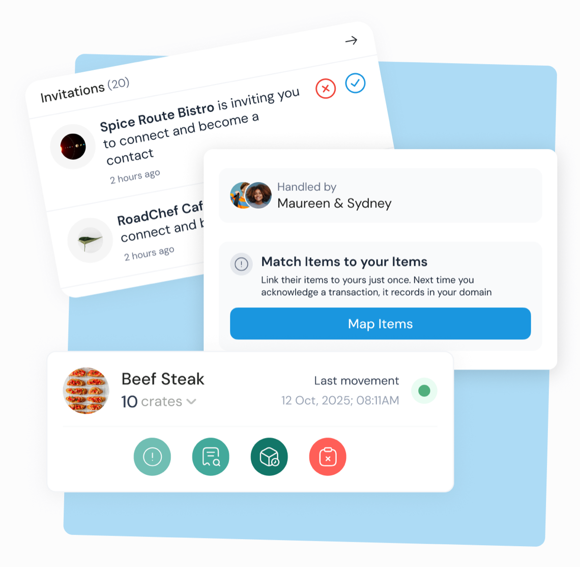 Supplier connection invitations, an item-matching prompt, and a stock movement record in Trader