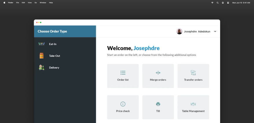 Qbicles Retail POS on a desktop, showing the Choose Order Type and Welcome screen