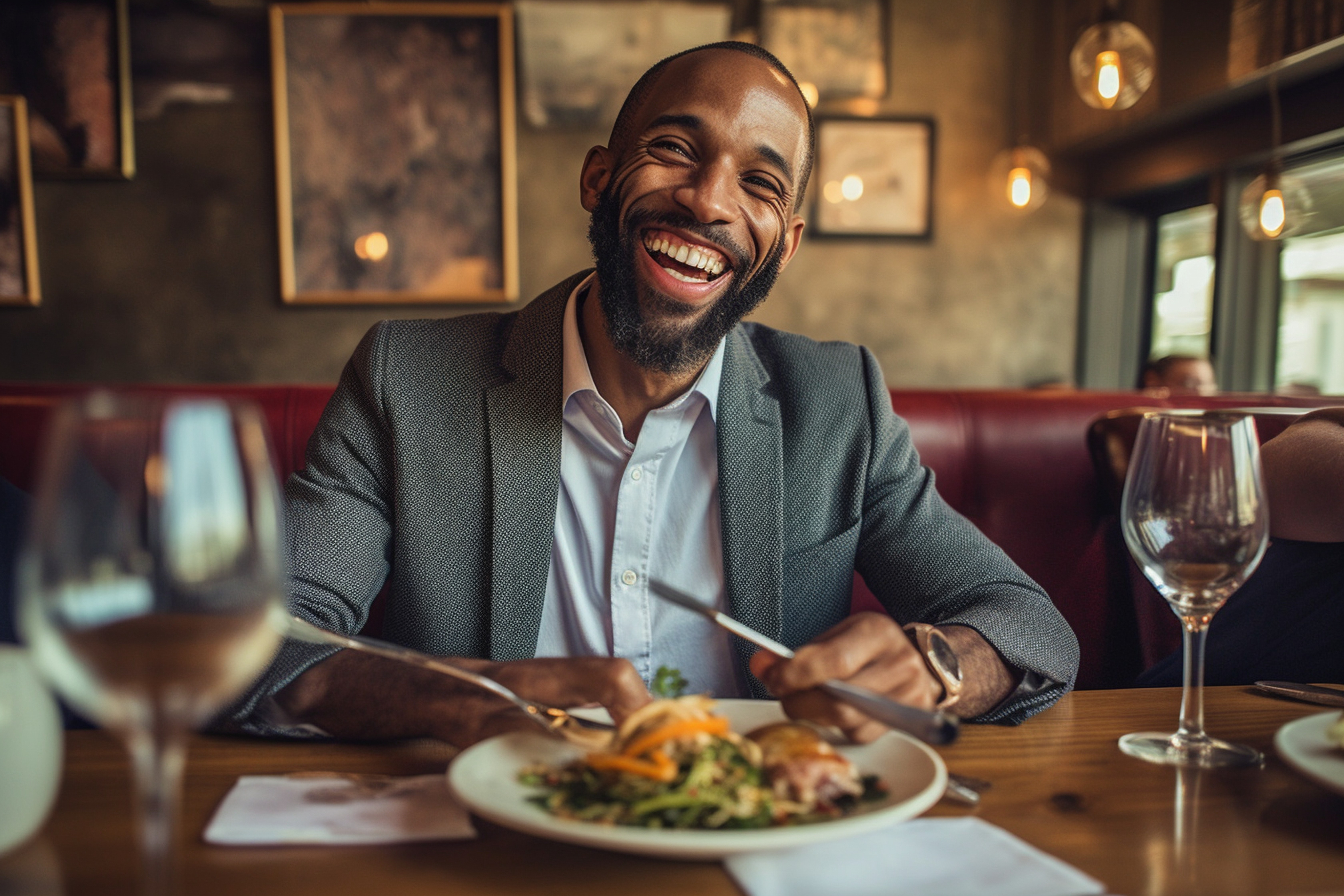 A smiling customer dining at a restaurant